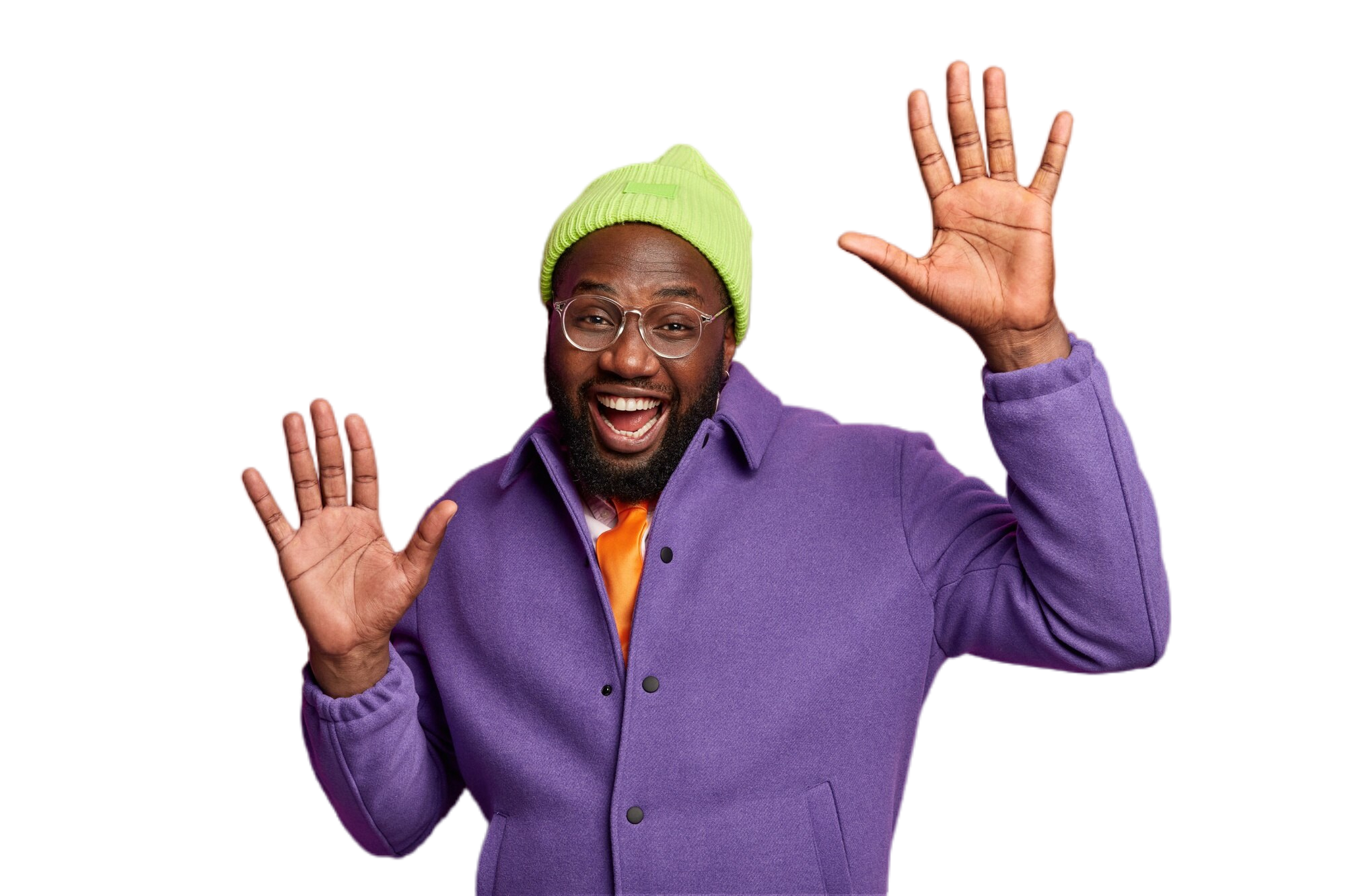 joyful-black-man-raises-palms-with-happiness-dances-happily-enjoys-party-feels-carefree-enjoys-successful-lifestyle-wears-green-stylish-hat Classic Fashion Shirt